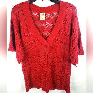 Faded Glory Red Knit V-Neck Short Sleeve Sweater Sz L